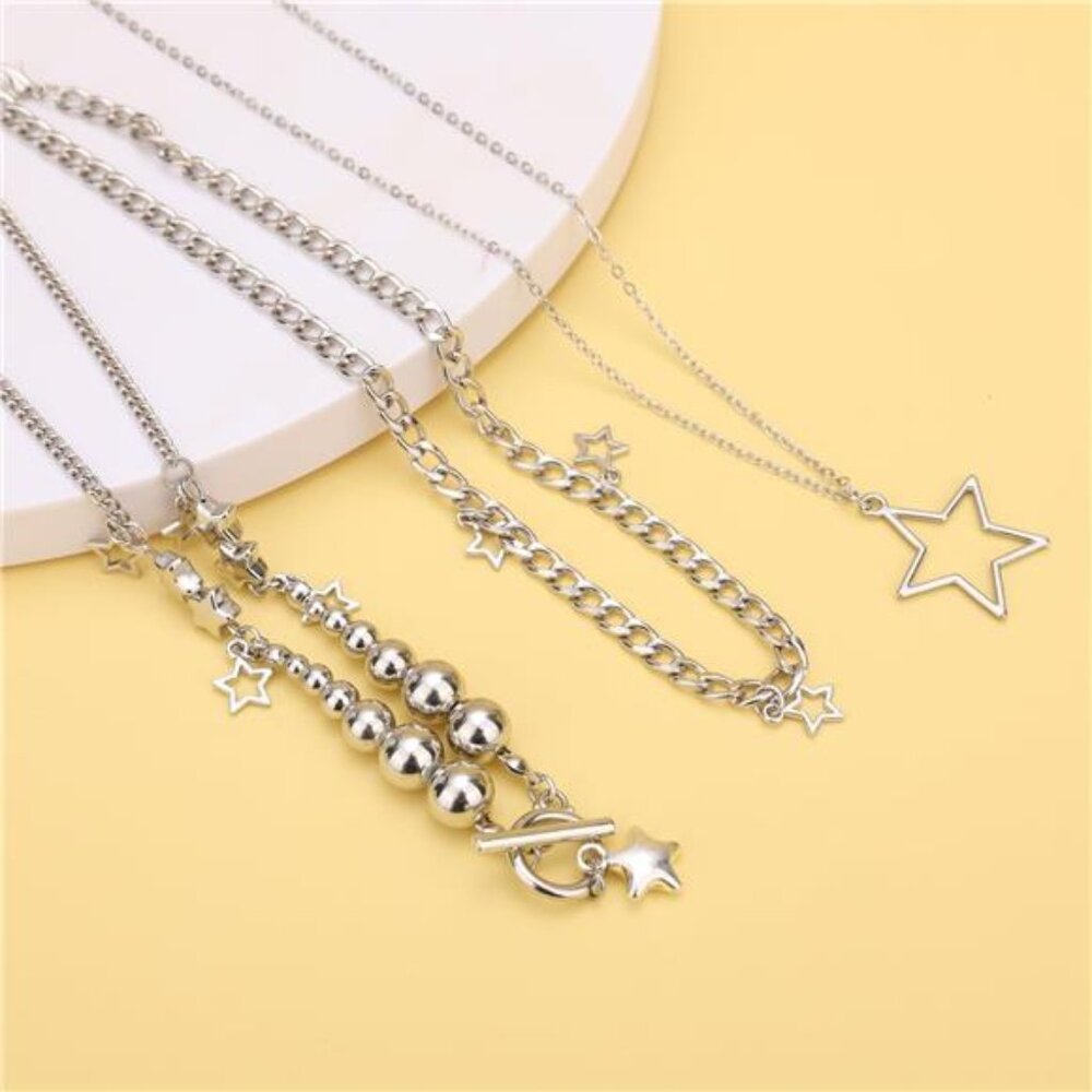Silver Star Chain Choker Y2K Stackable Chunky Star Pendant Grunge Necklace - Picture 4 of 8